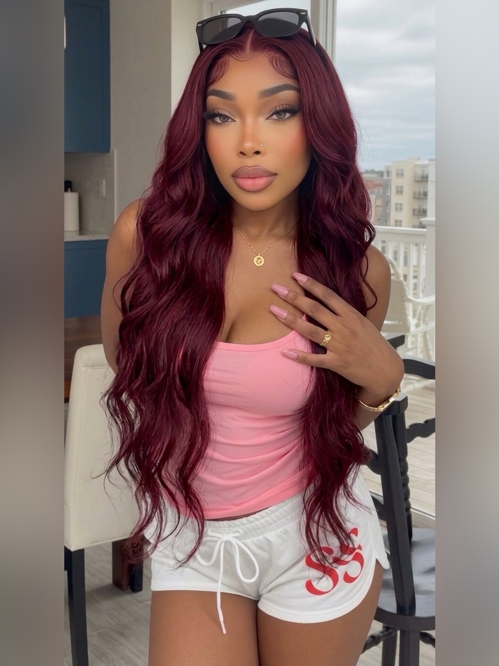 28” Deep Burgundy Long Wavy Women's Hair Wig - Unbranded